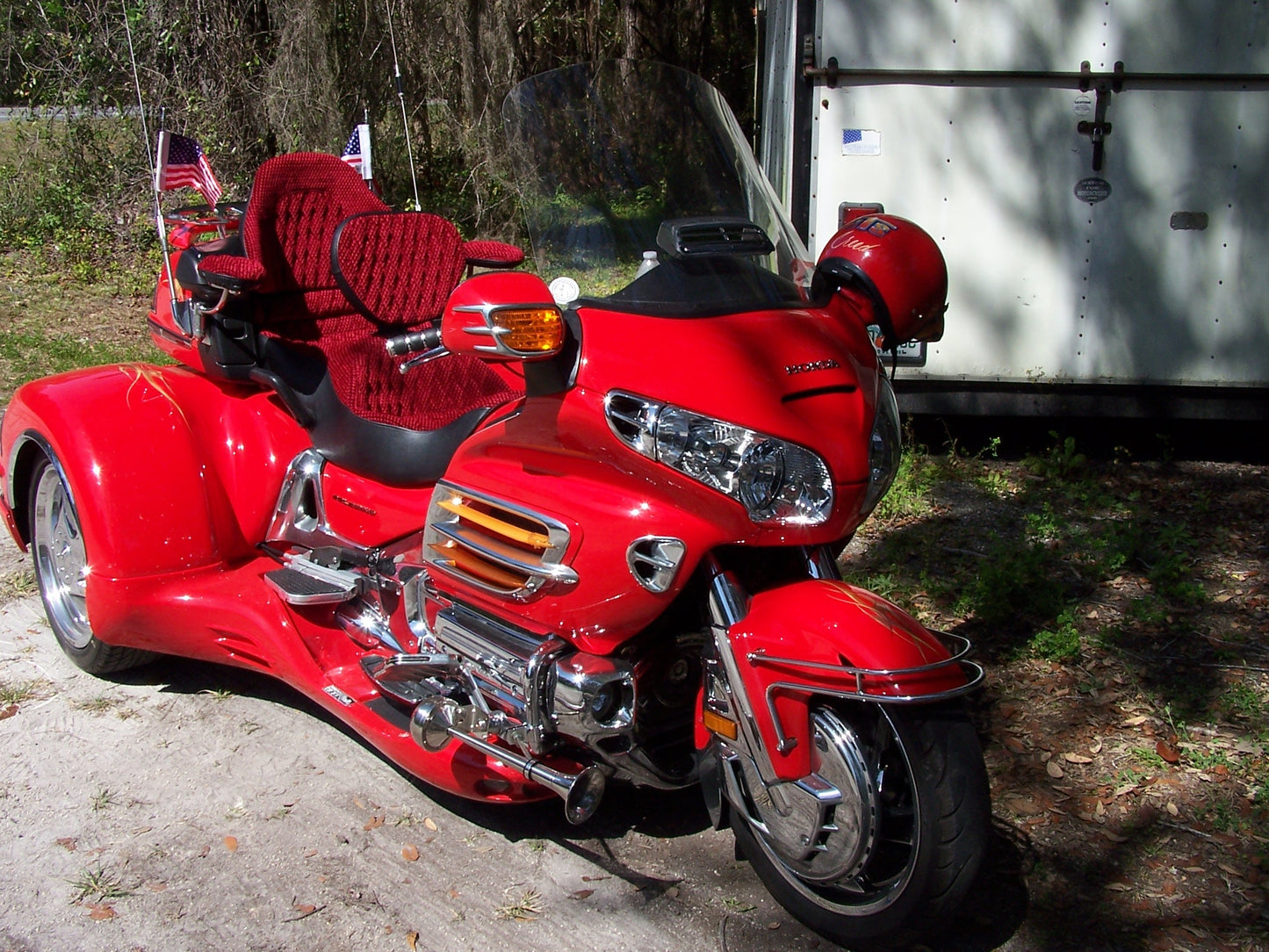 Most comfortable custom Goldwing Seat in red velour on a red trike